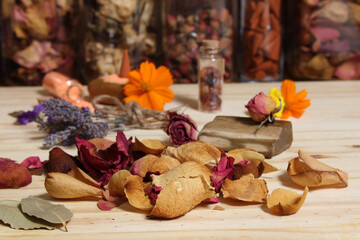 Naklejka na ściany i meble Rose Petals and Dried Lavender With Crystals and Petrified Wood