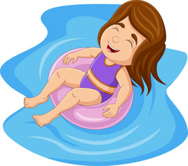 Cartoon little girl floating with inflatable ring