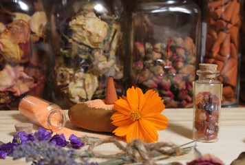 Incense Cones on Stone Slab With Crystals and Flowers
