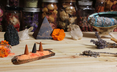 Aragonite Crystal With Incense and Stone Pyramid on Meditation Altar