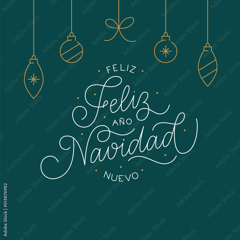 Fototapete merry christmas and happy new year in spanish. simple calligraphy design for invitation and greeting