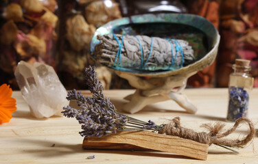 Dried Lavender With Palo Santo Wood and Abalone Shell For Smudging Ritual