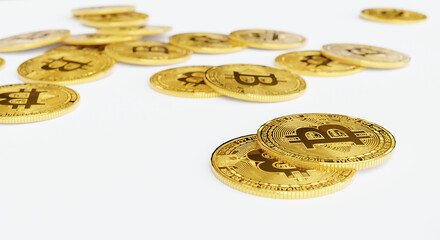 A 3D gold BTC coin falls from a great height and lands on a white background.