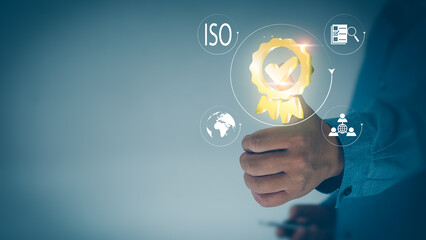 Businessman showing thumbs up for top service Quality Assurance, Assurance, Standard, ISO Certification and Audit, Standard Concept, Satisfaction, Service Experience