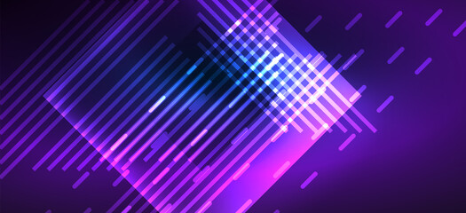 Background neon glowing lines and geometric shapes. Lights in the dark wallpaper for concept of AI technology, blockchain, digital, communication, 5G, science