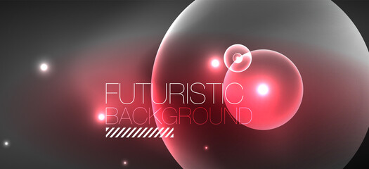 Shiny neon geometric abstract background. Glowing lights on round shapes, triangles and circles. Wallpaper for concept of AI technology, blockchain, communication, 5G, science, business