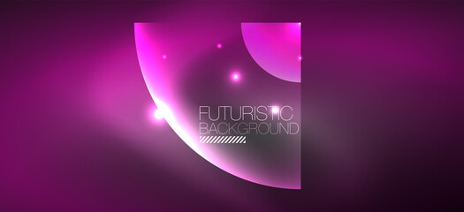 Shiny neon geometric abstract background. Glowing lights on round shapes, triangles and circles. Wallpaper for concept of AI technology, blockchain, communication, 5G, science, business