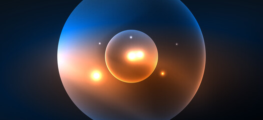 Abstract background with neon glowing light effects. Round shapes, triangles and circles. Wallpaper for concept of AI technology, blockchain, communication, 5G, science, business and technology