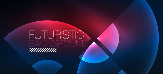 Abstract background with neon glowing light effects. Round shapes, triangles and circles. Wallpaper for concept of AI technology, blockchain, communication, 5G, science, business and technology