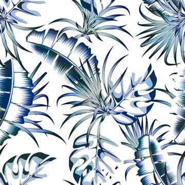 blue light banana leaves seamless pattern with monstera plants and foliage on white background. shirt texture prints. fashionable prints texture. Exotic tropics. Summer design. nature wallpaper