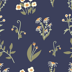 Fototapeta na wymiar Seamless vector cute floral pattern with daisy, chamomile flowers. Modern botanical texture in Scandinavian style for printing. Hand drawn herbal pattern background