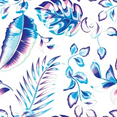 Fototapeta na wymiar abstract tropical seamless pattern with pink blue banana leaves and palm foliage on white background. natural design pattern. tropical seamless. prints texture. Exotic tropics. Summer design