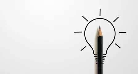 Foto op Plexiglas Black colour pencil with outline light bulb and word idea on white paper background. Creativity inspiration ideas concept © Monster Ztudio