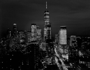 Lower Manhattan at night BW 