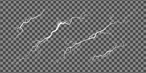 Crack on concrete or ground due to aging or drought. Set of fissures isolated in transparent background. Monochrome vector illustration