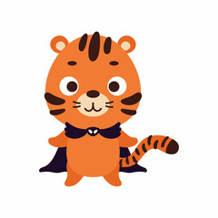 Cute little Halloween tiger in a vampire costume. Cartoon animal character for kids t-shirts, nursery decoration, baby shower, greeting card, invitation, house interior. Vector stock illustration