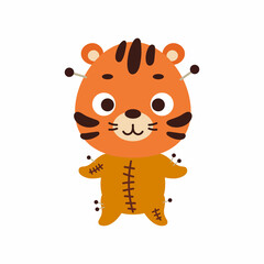 Cute little Halloween tiger in a voodoo costume. Cartoon animal character for kids t-shirts, nursery decoration, baby shower, greeting card, invitation, house interior. Vector stock illustration