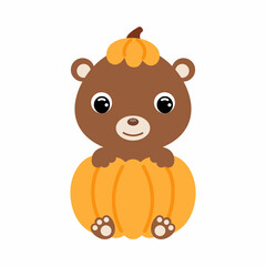 Cute little bear sitting in a pumpkin. Cartoon animal character for kids t-shirts, nursery decoration, baby shower, greeting card, invitation. Vector stock illustration