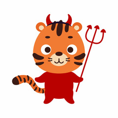 Cute little Halloween tiger in a devil costume. Cartoon animal character for kids t-shirts, nursery decoration, baby shower, greeting card, invitation, house interior. Vector stock illustration