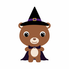 Cute little Halloween bear in a wizard costume. Cartoon animal character for kids t-shirts, nursery decoration, baby shower, greeting card, invitation, house interior. Vector stock illustration