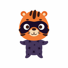 Cute little tiger in a Halloween costume. Cartoon animal character for kids t-shirts, nursery decoration, baby shower, greeting card, invitation, house interior. Vector stock illustration