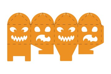 Halloween treat box with scary pumpkins. Jack-o-lantern facial gift party packaging for sweet, candies, small present, bakery. Simple package die cut template for laser cut. Vector stock illustration