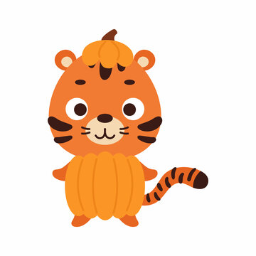 Cute little Halloween tiger in a pumpkin costume. Cartoon animal character for kids t-shirts, nursery decoration, baby shower, greeting card, invitation, house interior. Vector stock illustration