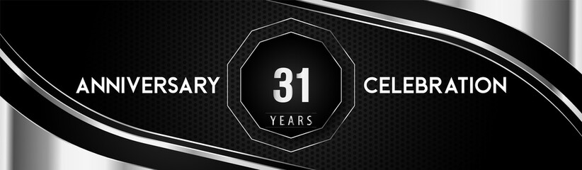 31 years silver anniversary logo celebration with frames and corners isolated on black dotted background. Premium design for a birthday party, celebration events, greetings card, banner, marriage.