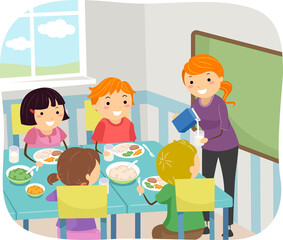 Stickman Kids School Food Teacher Illustration