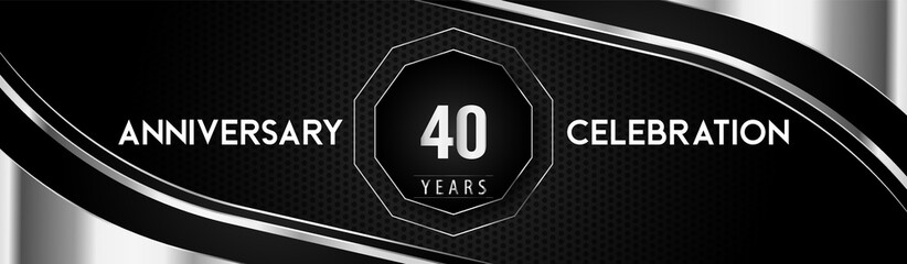 40 years silver anniversary logo celebration with frames and corners isolated on black dotted background. Premium design for a birthday party, celebration events, greetings card, banner, marriage.
