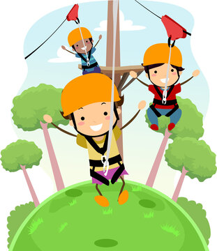 Stickman Kids Helmet Zip Line Illustration