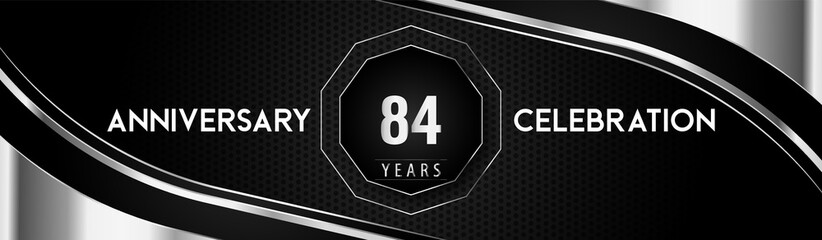 84 years silver anniversary logo celebration with frames and corners isolated on black dotted background. Premium design for a birthday party, celebration events, greetings card, banner, marriage.