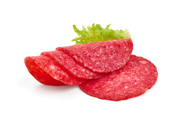 Thinly sliced salami sausage, Isolated on white background.
