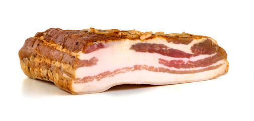 Homemade Bacon, dry cured and air dried, pork belly, smoked pork meat, delicacy food in Ukrainian cuisine, isolated on white background.