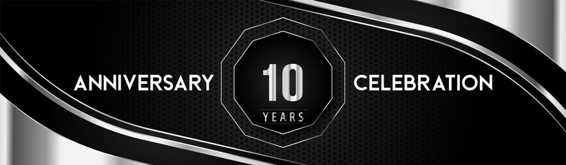 10 years silver anniversary logo celebration with frames and corners isolated on black dotted background. Premium design for a birthday party, celebration events, greetings card, banner, marriage.
