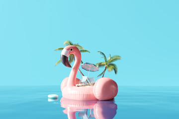 Creative summer flamingo island floating in the sea with blue sky. 3d rendering
