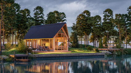 3d rendering front lake modern cabin evening scene 