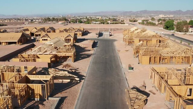 Aerial shot of wooden houses construction and development in Las Vegas Nevada