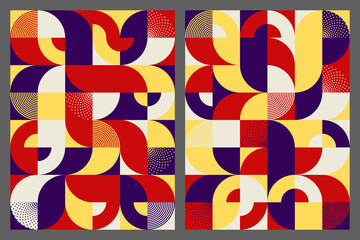 Bauhaus style abstract art background pattern. Geometric shapes, circles, semicircles, squares, curves and points. Blue, red, yellow, white. Vector illustration.