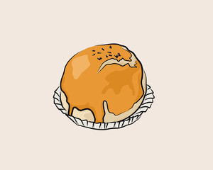 Isotaled Teochew Mooncake, thousand layer yam mooncakes with salt egg yolk. Treditional recipe for mid autumn festival celebration. Food Vector drawing brush style. Authentic Asian food illustration. 