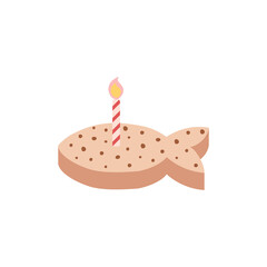 Birthday cake in shape of fish with candle, cats birthday party treats, flat vector illustration isolated on white.