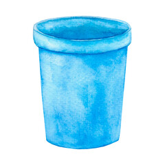 A blue empty plastic cup, hand-drawn in watercolor, isolated on a white background.