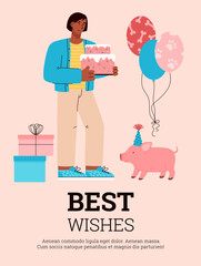 Greeting card or postcard for pets birthday celebration, vector illustration.