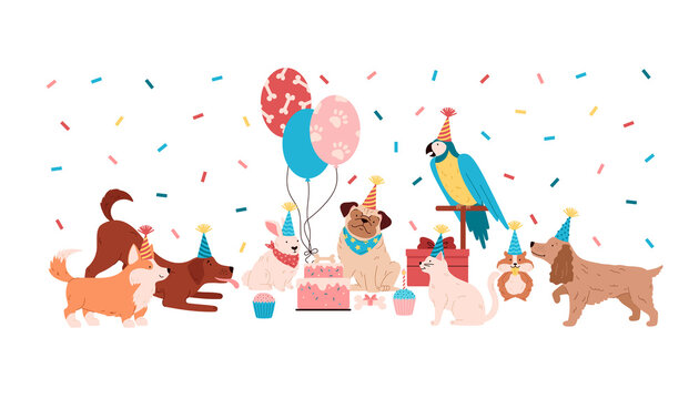 Pets birthday party banner with cute domestic animals flat vector isolated.
