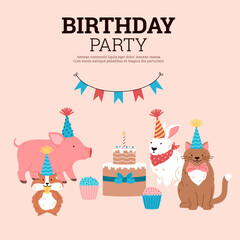 Pet birthday party card flat style, vector illustration