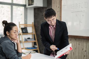 University students study hard and listen to teachers for their lessons with special lectures in the columns of math class
