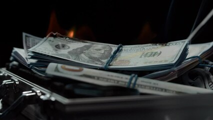 Burning American hundred dollar banknotes, Flame of fire from money. Rich person having stacks of 100 US dollars in metallic suitcase. Paper money loss, financial crisis and depressed economy. 