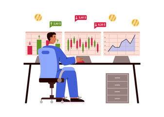 Male trader checking stock exchange graphs on multiple computer screens, flat vector illustration isolated on white.