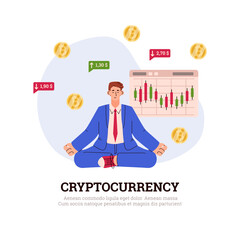 Cryptocurrency trader watching growing passive income flat vector illustration.
