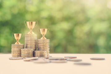 Portfolio management champion / money or asset investment winner, financial concept : Golden trophy...
